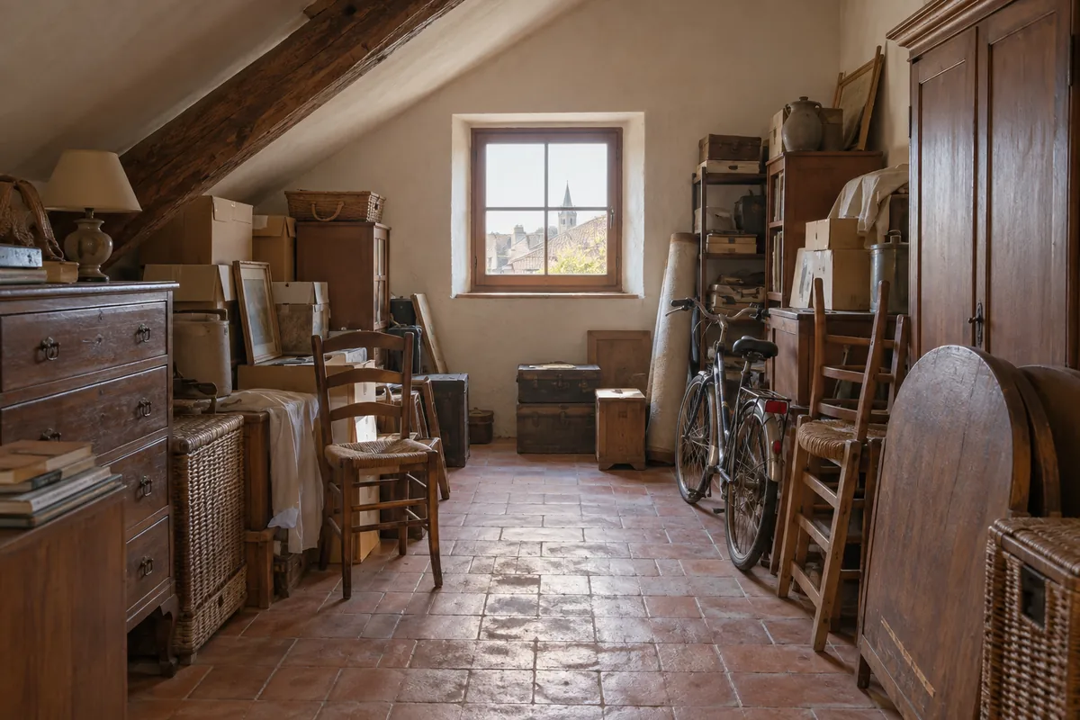 La même pièce avant débarras, occupée par des meubles, cartons et objets.