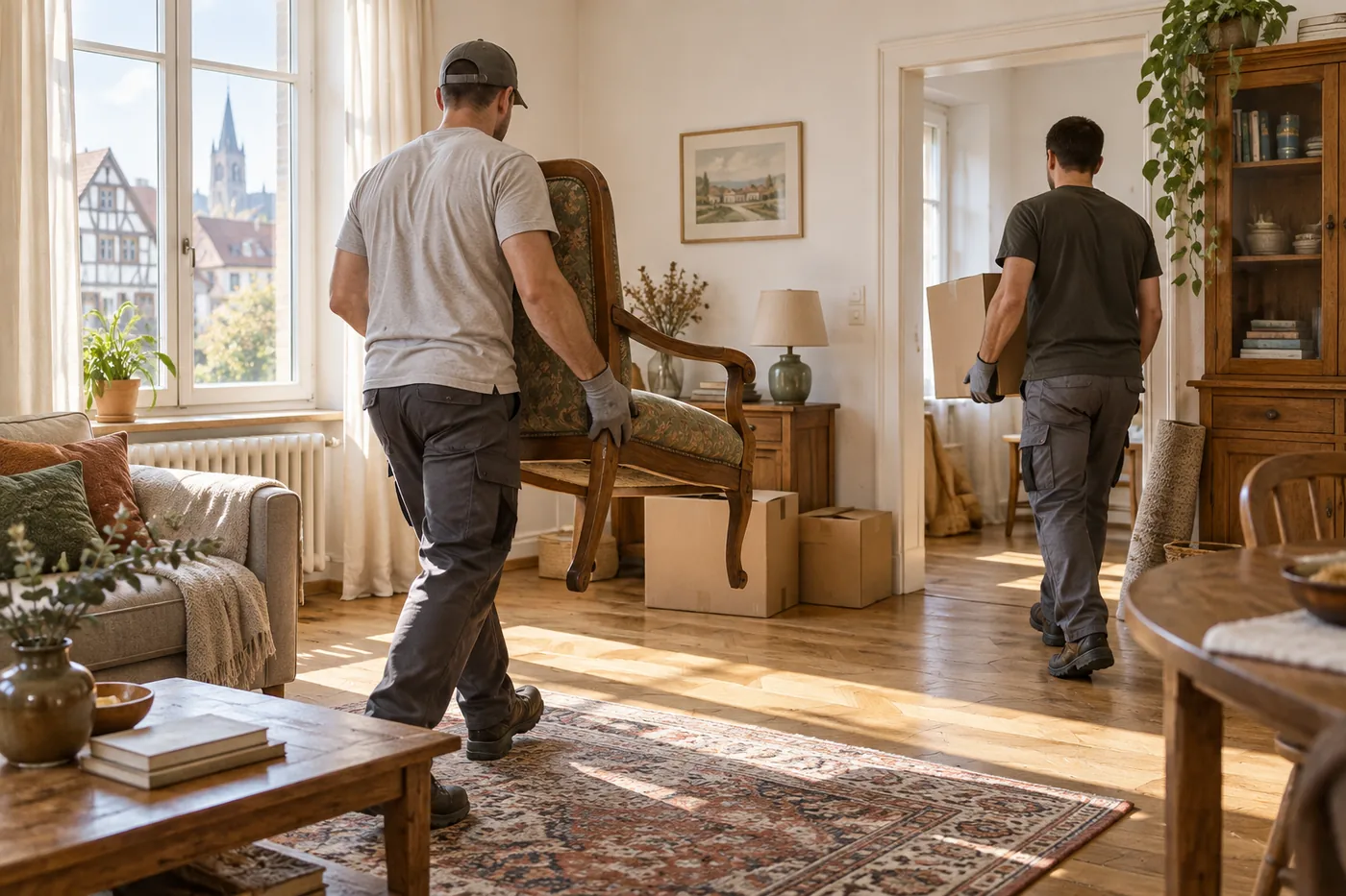 Illustration de deux professionnels qui évacuent un meuble et des cartons dans un logement